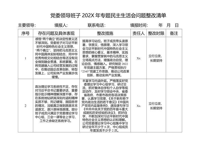 国企党委领导班子202X年专题民主生活会问题整改清单