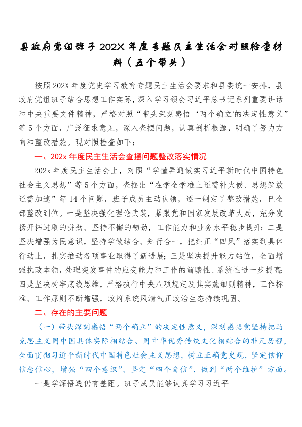 县政府党组班子202X年度专题民主生活会对照检查材料（五个带头）