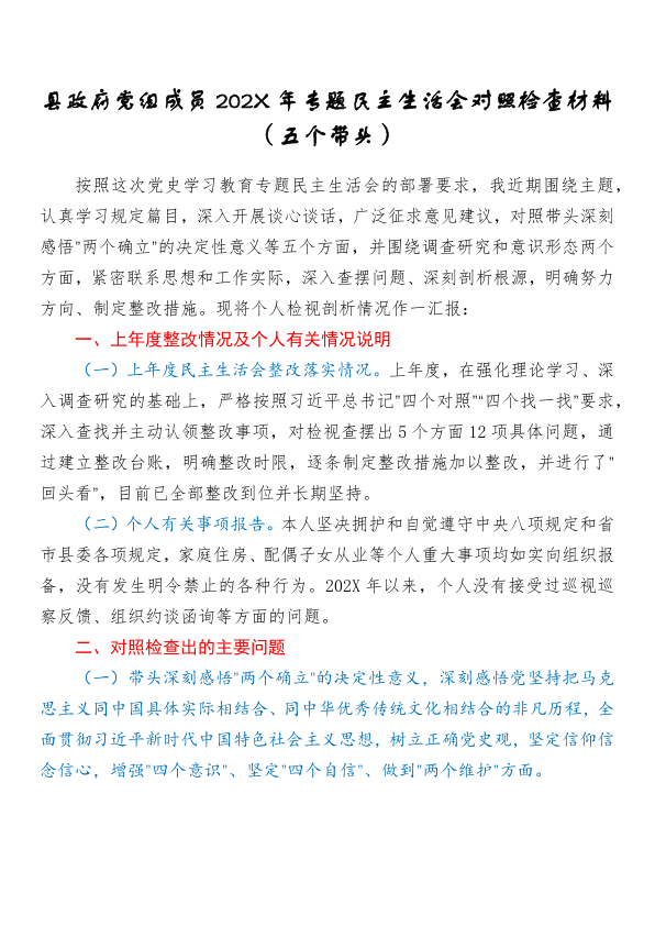 县政府党组成员202X年专题民主生活会对照检查材料（五个带头）