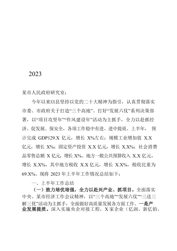 X县2023年上半年工作总结和下半年工作计划(定稿)